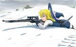  adapted_costume aiming blonde_hair bolt_action buncha_to_imon contemporary gloves gun hat kirisame_marisa knife mauser_98 rifle shell_casing sniper sniper_rifle snow solo touhou weapon witch_hat yellow_eyes 