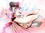  bad_id bad_pixiv_id black_hair branch brown_eyes copyright_request double_bun glasses japanese_clothes miko petals ribbon sakayaki_(burning_soul) solo wind 