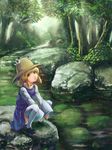  bad_id bad_pixiv_id blonde_hair eyes forest green_eyes hat highres moriya_suwako nature short_hair solo squatting thighhighs touhou tree water yuumeibokumeimei 