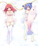  :o animal_ears barefoot blue_eyes blue_hair blush bunny_ears cat_ears dakimakura fang feet hair_ribbon highres legs lingerie lying multiple_girls navel on_back onka original panties pink_panties red_eyes red_hair ribbon sakura_(usashiro_mani) side-tie_panties strap_slip stuffed_animal stuffed_fish stuffed_toy thighhighs underwear underwear_only usashiro_mani 