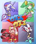  3boys black_eyes blue_eyes boots chibi energy_sword fafnir gloves green_eyes gun harpuia helmet kin_niku leviathan_(rockman) multiple_boys phantom_(rockman) polearm red_eyes rockman rockman_zero scarf shuriken sword weapon 