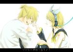  1girl bad_id bad_pixiv_id blonde_hair bow fuutarou_(pikeish) headphones highres kagamine_len kagamine_rin kokoro_(vocaloid) nail_polish sad short_hair tears translated vocaloid yellow_nails 