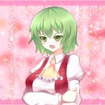  1girl ascot blush breast_hold breasts confession greave_(asterism) green_eyes green_hair kazami_yuuka plaid plaid_vest pov puffy_sleeves solo touhou translated tsundere vest 