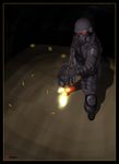  absurdres casing_ejection firing gas_mask gun h&amp;k_mp5 heckler_&amp;_koch highres holding holding_gun holding_weapon hunk kerissakti male_focus muzzle_flash resident_evil shell_casing soldier solo submachine_gun weapon 
