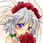  bad_id bad_pixiv_id blush braid bride face flower izayoi_sakuya red_flower red_rose rose sakura_(doors) short_hair silver_hair solo touhou twin_braids 