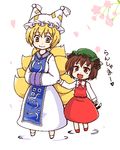  :d blonde_hair brown_eyes brown_hair chen chibi hat lowres multiple_girls multiple_tails open_mouth short_hair sige sleeve_tug smile tail touhou yakumo_ran yellow_eyes 