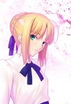  ahoge artoria_pendragon_(all) blonde_hair braid fate/stay_night fate_(series) green_eyes hair_bun hair_ribbon looking_at_viewer ribbon saber short_hair solo takeuchi_takashi upper_body 