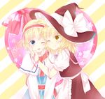  alice_margatroid blonde_hair blue_eyes hairband hat heart kirisame_marisa multiple_girls one_eye_closed touhou witch_hat yatomi yellow_eyes yuri 