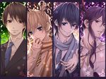  aqua_eyes blonde_hair blue_eyes blue_hair brown_eyes brown_hair column_lineup formal glasses hima_(ab_gata) hiyama_kiyoteru kagamine_len kaito kamui_gakupo male_focus multiple_boys necktie ponytail purple_hair scarf smile snowflakes suit vocaloid 