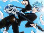  ahoge bad_id bad_pixiv_id bespectacled bitte blue-framed_eyewear blue_eyes blue_hair blue_nails blue_neckwear day formal glasses guitar instrument kaito lens_flare looking_at_viewer male_focus mouth_hold nail_polish necktie paper sky smile solo suit vocaloid 