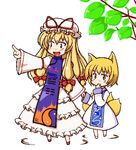  animal_ears blonde_hair blush_stickers chibi finger_to_mouth fox_ears fox_tail holding_hands multiple_girls multiple_tails no_hat no_headwear pointing sige tail touhou yakumo_ran yakumo_yukari younger 