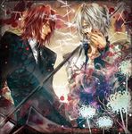  death_scythe_(spirit) dr_franken_stein flower glasses lee_sun_young male_focus multiple_boys red_hair silver_hair smoking soul_eater spider_lily 