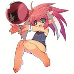  animal_ears aqua_eyes ball bare_shoulders barefoot beachball cat_ears extra_ears fang feet full_body hands long_hair ninja_toes one-piece_swimsuit open_mouth original petite pink_hair pointy_ears simple_background solo swimsuit white_background wristband zankuro 