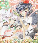  animal_ears ayuayu bad_id bad_pixiv_id black_hair black_wings detached_sleeves flower hat inubashiri_momiji multiple_girls red_eyes sample shameimaru_aya short_hair silver_hair tail tokin_hat touhou wings wolf_ears wolf_tail yellow_eyes 