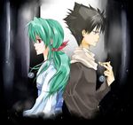  1boy 1girl black_hair brother_and_sister female green_hair headband hiei japanese_clothes jewelry kimono long_hair male miyama_(pixiv42962) necklace ponytail red_eyes short_hair siblings spiked_hair yu_yu_hakusho yukina_(yu_yu_hakusho) yuu_yuu_hakusho 