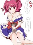  bare_shoulders blush breasts cleavage drunk gourd hair_bobbles hair_ornament large_breasts legs misashi_(raichi821) oekaki off_shoulder onozuka_komachi red_eyes red_hair short_hair sitting solo touhou translated 