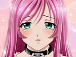  1girl akashiya_moka blush female gradient gradient_background green_eyes long_hair pink_hair rosario+vampire solo 