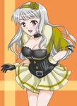  bad_id bad_pixiv_id breasts choker cleavage gloves hair_ornament hand_on_hip headband idolmaster idolmaster_(classic) large_breasts long_hair nanagami_ginji pleated_skirt red_eyes shijou_takane silver_hair skirt solo 