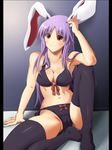  animal_ears black_bra black_legwear black_panties bow bow_bra bow_panties bra bunny_ears cameltoe lingerie long_hair panties purple_hair red_eyes reisen_udongein_inaba shin'ya_(nanp) sitting smile solo thighhighs touhou underwear underwear_only 