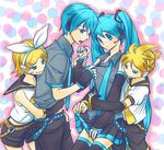  2girls aqua_eyes aqua_hair bad_id bad_pixiv_id blonde_hair blush detached_sleeves genderswap genderswap_(ftm) hair_ornament hair_ribbon hairclip hatsune_miku hatsune_mikuo headphones headset kagamine_len kagamine_rin kuronomine multiple_boys multiple_girls necktie ribbon short_hair skirt smile thighhighs twintails undressing vocaloid zettai_ryouiki 