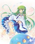  blush colored_eyelashes detached_sleeves eyelashes frog gohei green_eyes green_hair hair_ornament hands jewelry kochiya_sanae long_hair necklace open_mouth shinia skirt smile snake solo star touhou ufo undefined_fantastic_object 