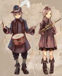  1girl braid brown_eyes brown_hair coat drum flute hat instrument musical_note original routemoc twin_braids white_hair 