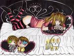  amane_misa bed bed_sheet blonde_hair bracelet candle death_note doll gothic jewelry panties pillow sheet skull thigh-highs thighhighs twintails underwear yellow_eyes 