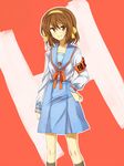  armband bad_id bad_pixiv_id brown_eyes brown_hair h hair_ribbon hairband kita_high_school_uniform kutsushita_(tokati_r) ribbon school_uniform serafuku short_hair solo suzumiya_haruhi suzumiya_haruhi_no_yuuutsu 