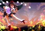  aono3 black_hair black_wings geta grin hat looking_at_viewer notebook pen red_eyes shameimaru_aya short_hair skirt smile socks solo tengu-geta tokin_hat touhou wings 