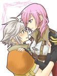  1girl aqua_eyes couple final_fantasy final_fantasy_xiii height_difference hetero hope_estheim lightning_farron long_hair pink_hair saklo 