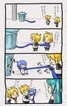  &gt;_&lt; 2girls 4koma :d :o ahoge chibi child closed_eyes comic hatsune_miku kagamine_len kagamine_rin kaito multiple_boys multiple_girls o_o open_mouth scarf shimota smile translated trash_can vocaloid younger |_| 