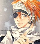  d.gray-man earrings eyepatch grey_eyes jewelry lavi lowres male_focus orange_hair pointing scarf sizz smile solo star 