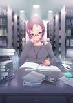  book bookshelf bottle bra_strap breasts english eraser forehead glasses greek jewelry kasai_shin key large_breasts library necklace notebook original pen ponytail purple_eyes purple_hair ranguage smile solo sweater typo water_bottle 