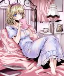  alice_margatroid atoshi barefoot bed blonde_hair blue_eyes book covering_mouth feet hairband heart indoors kirisame_marisa lamp nightgown photo_(object) short_hair solo touhou yellow_eyes 