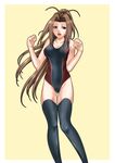  antenna_hair brown_eyes brown_hair competition_swimsuit highres long_hair one-piece_swimsuit original ponytail solo sumi_(joker) swimsuit thighhighs 