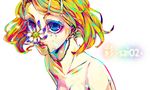  akiakane aqua_eyes bare_chest blonde_hair chain collarbone colored_eyelashes colorful ear_piercing earrings flower hair_ornament hairclip highres jewelry kagamine_rin linked_piercing lip_piercing lips md5_mismatch nude parted_lips piercing short_hair solo tears vocaloid 