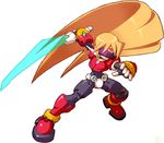  armor blonde_hair girouette long_hair makoto_yabe male_focus model_z official_art ponytail rockman rockman_zx solo sword very_long_hair weapon 