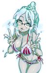  aqua_hair bikini blue_hair breasts cleavage glasses hoshi_kubi large_breasts leaning_forward monster_girl navel original slime solo swimsuit v 