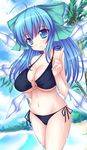  ahoge alternate_breast_size alternate_hairstyle bad_id bad_pixiv_id beach bikini blue_eyes blue_hair bow breasts cirno day hair_bow huge_breasts long_hair mikan_(5555) navel o-ring o-ring_top older outdoors palm_tree side-tie_bikini solo swimsuit touhou tree underboob water wet wings 