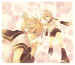  1girl aqua_eyes blonde_hair bow brother_and_sister detached_sleeves hair_bow headphones kagamine_len kagamine_rin leg_warmers necktie ponytail riq shorts siblings smile twins vocaloid 