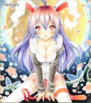  animal_ears ayuayu bad_id bad_pixiv_id breasts bunny_ears cleavage flower gradient_hair large_breasts long_hair marker_(medium) multicolored_hair red_eyes reisen_udongein_inaba sample solo thighhighs touhou traditional_media 