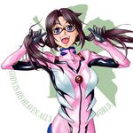  :d armpits bangs blue_eyes bodysuit breasts cowboy_shot english evangelion:_2.0_you_can_(not)_advance eyebrows eyebrows_visible_through_hair glasses gloves hair_tie hands_up happy holding holding_hair logo long_hair looking_at_viewer low_twintails makinami_mari_illustrious medium_breasts neon_genesis_evangelion nerv open_mouth parted_bangs pilot_suit pink_bodysuit plugsuit purple_hair rebuild_of_evangelion red-framed_eyewear renha shiny shiny_clothes simple_background smile solo standing turtleneck twintails white_background 
