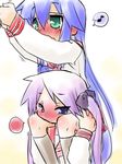  blue_eyes blue_hair blush carrying eighth_note green_eyes hair_ribbon hiiragi_kagami izumi_konata kogaku_kazuya lucky_star mole mole_under_eye multiple_girls musical_note purple_hair ribbon shoulder_carry speech_bubble spoken_blush spoken_musical_note tanabata thighhighs twintails yuri 