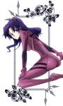  1girl ass baren female hair_ornament katsuragi_misato long_hair neon_genesis_evangelion plugsuit purple_eyes purple_hair sitting solo violet_eyes white_background 