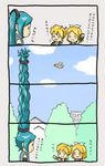  2girls 4koma chibi comic hatsune_miku kagamine_len kagamine_rin long_hair multiple_girls o_o shimota translated very_long_hair vocaloid 