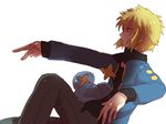  blonde_hair blue_eyes denji_(pokemon) gen_4_pokemon gym_leader hands haruppupu jacket male_focus pokemon pokemon_(creature) pokemon_(game) shinx simple_background spiked_hair white_background 