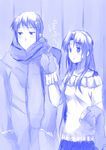  1girl asakura_ryouko blue casual coat hands_in_pockets inui_nagi kyon mittens monochrome scarf suzumiya_haruhi_no_shoushitsu suzumiya_haruhi_no_yuuutsu sweater 