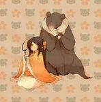  ahoge axis_powers_hetalia bad_id bad_pixiv_id bear black_hair brown_eyes china_dress chinese_clothes dress flower frills hair_flower hair_ornament highres kneeling long_hair luce-in-the-sky sleeves_past_wrists smile solo taiwan taiwan_(hetalia) 