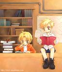  ahoge alphonse_elric blonde_hair book book_stack bookshelf boots brothers brown_eyes child dress_shirt edward_elric fullmetal_alchemist hexagram lowres magic_research male_focus multiple_boys pencil pipes reading scroll shelf shirt shorts siblings sitting sizz smile socks younger 