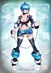 ahoge belt blue_hair breasts chain cleavage copyright_request gloves l.wolf large_breasts red_eyes shorts solo thighhighs 